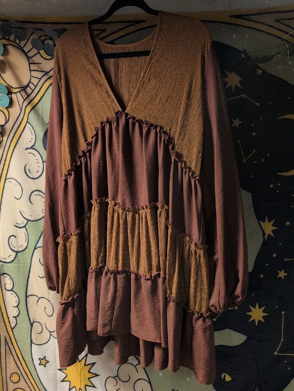 Tiered V-Neck Midi Dress in Brown and Camel